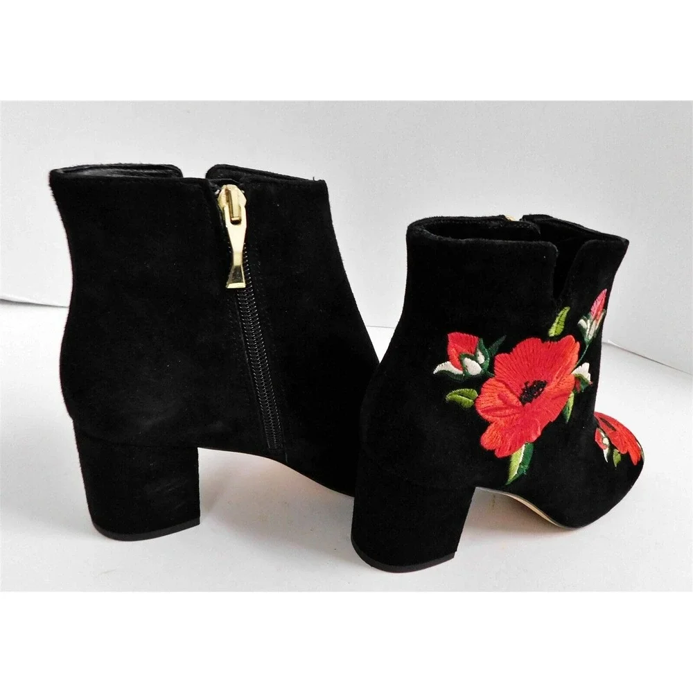 Kate Spade‎ Black Suede Leather Rose Flower Embroidered Ankle Boots 5 M